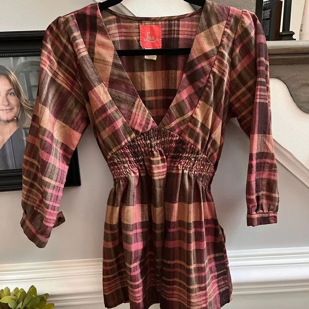 Lux Y2K Pink Plaids V-Neck Tie Back Blouse sz S EUC